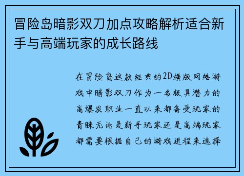 冒险岛暗影双刀加点攻略解析适合新手与高端玩家的成长路线